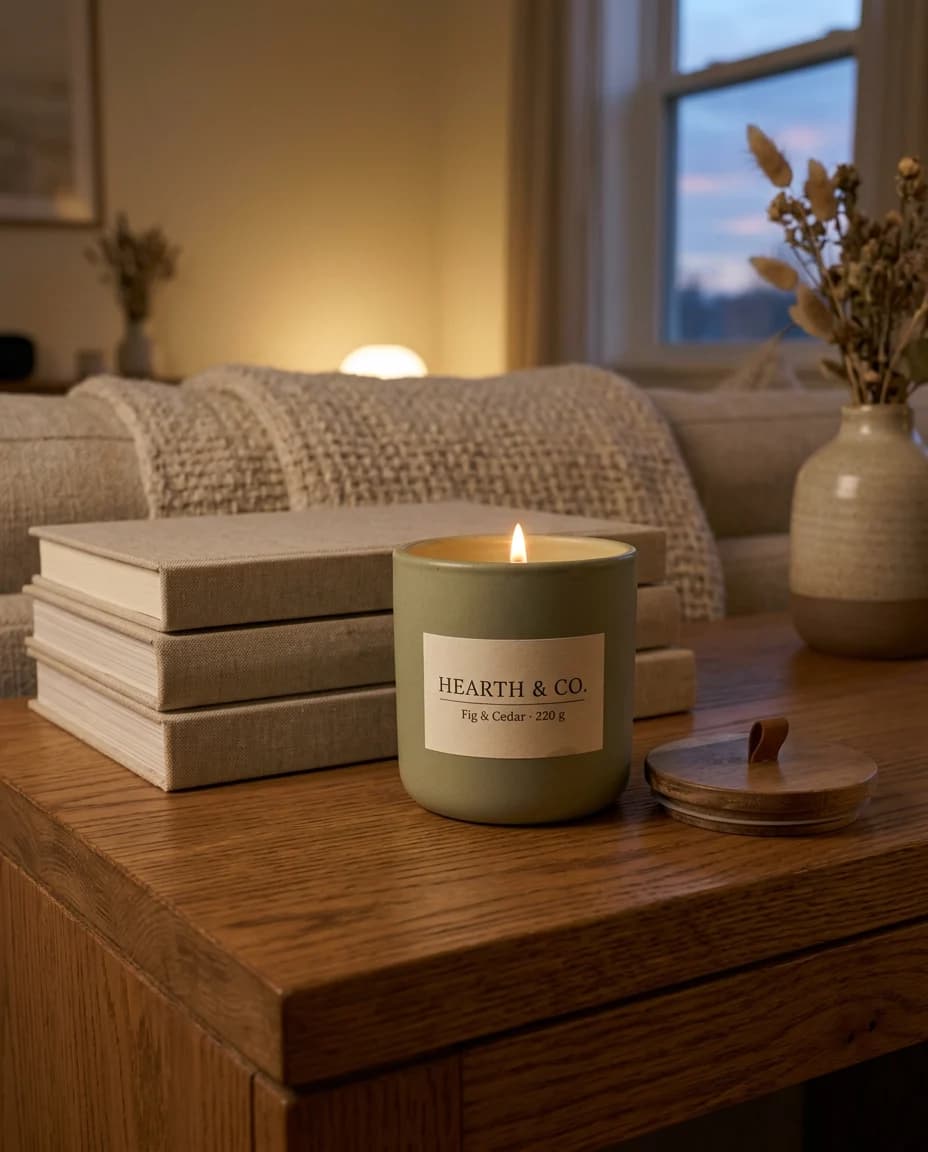 The candle lit on an oak side table at dusk