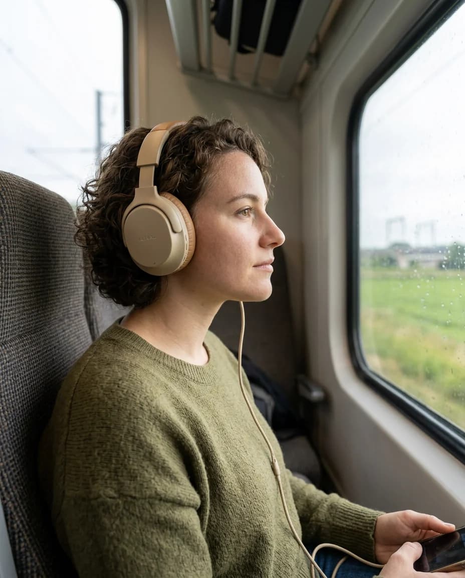 A woman wearing the same headphones by a train window