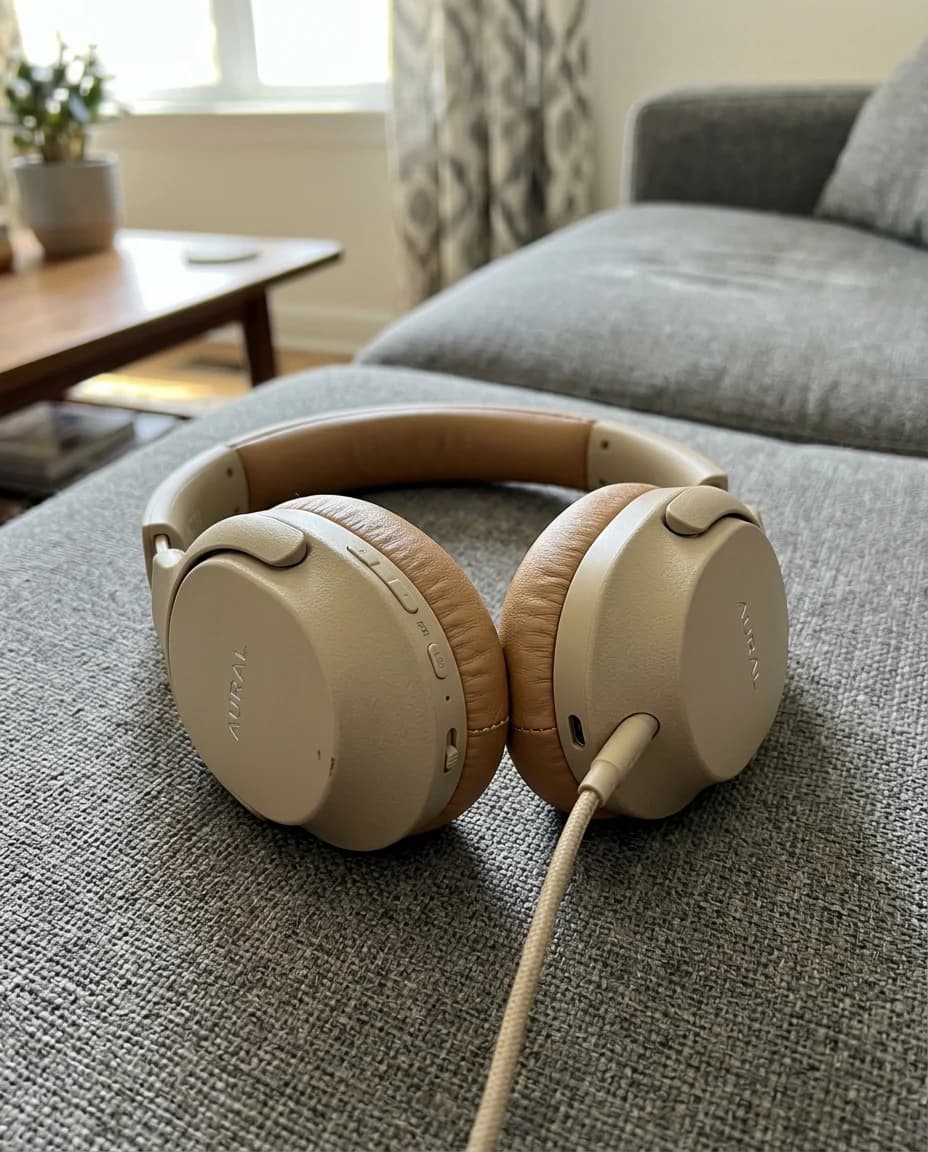 Headphones photographed on a grey sofa