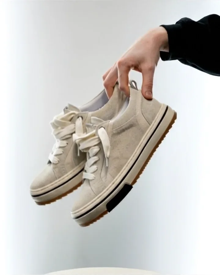 A pair of light-colored sneakers held in a hand above a light-colored pedestal